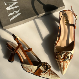 Floral Embroidered Chain Decor Pumps (Beige)
